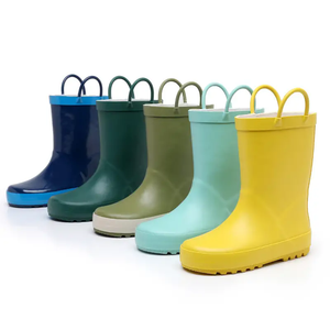 Custom Logo High Quality Boys and Girls Waterproof Rubber Rain Boots with Handles Solid Color Rain Shoes for Toddler Little Kids