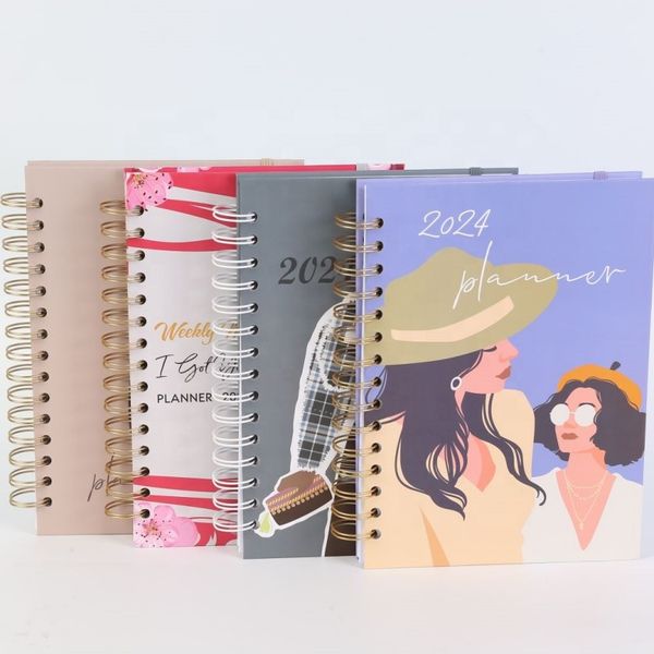 Low MOQ Cheap A5 Size Spiral Binbing CMYK Printing Hardcover Girl's 2024 Weekly Monthly Planner Notebook With Elastic Band