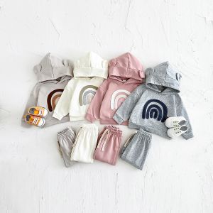 Autumn Newborn Rainbow Applique Rabbit Ear Hooded Long Sleeve Hoodie Clothes Set Infant Baby Spring Clothing
