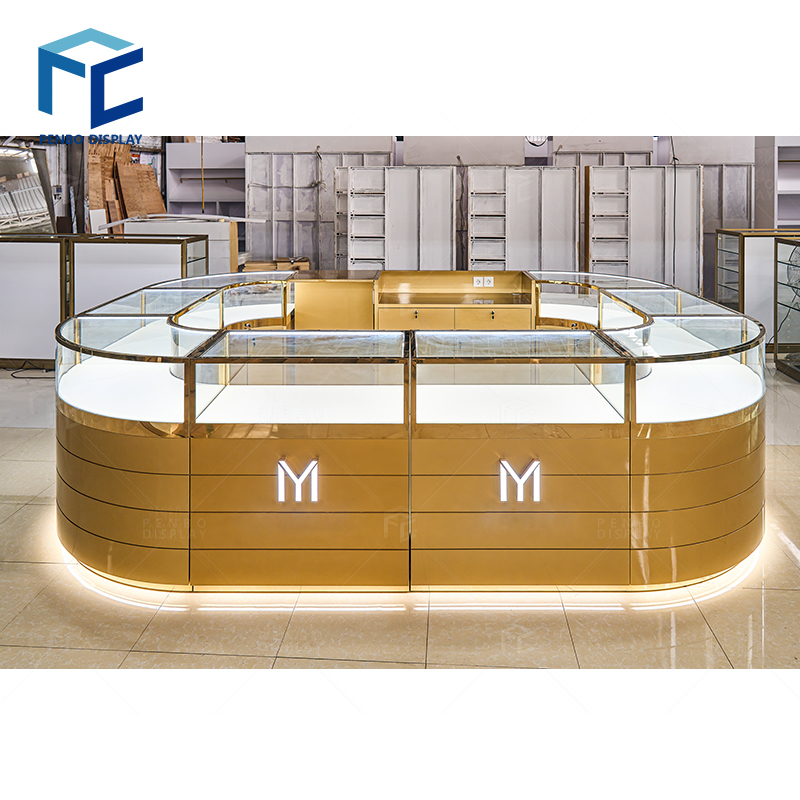 USA Penbo Design LLC USA Local Wholesale Modern Stainless Steel Jewelry Showcase Luxury Perfume Display Cabinet Wood Glass Gold Finish Mall Kiosk