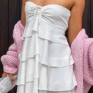 Wholesale Clothing Manufacturer Women White Strapless Mini Dress Tiered Ruffle Pleated Tube Dress Ladies Party Dresses Elegant