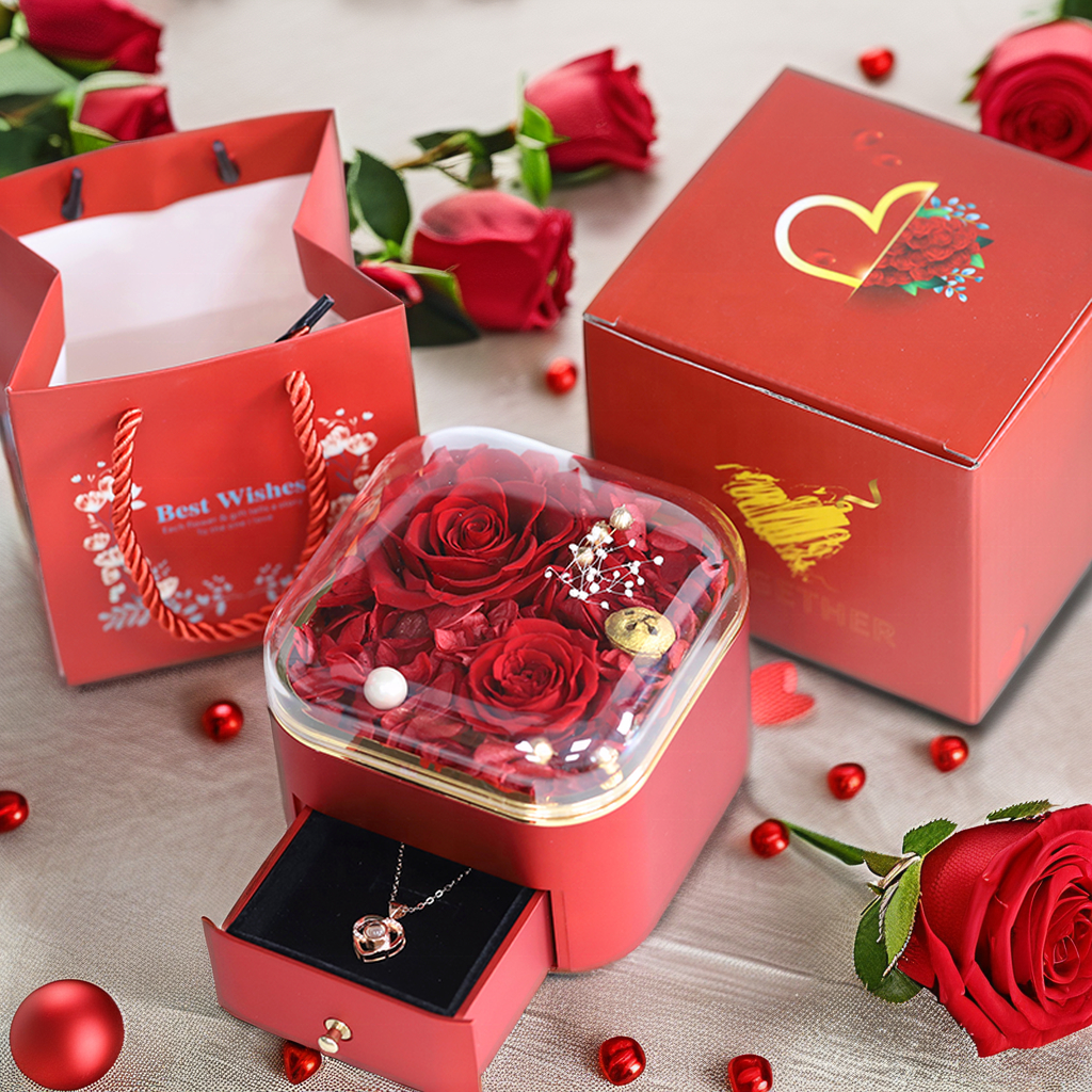 Caijun Import & Export (yunnan) Co., Ltd. New Design Valentines Day Eternal Rose Preserved Eternal Flower Red Real Rose Box With Necklace in Drawer Box for Gifts