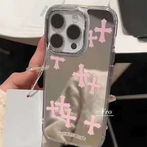 Luxury Pink Jesus Christ Cross Mirror Face Phone Case For IPhone 16 15 14 13 12 11 Pro Max Hard Acrylic Makeup Mirror Cases