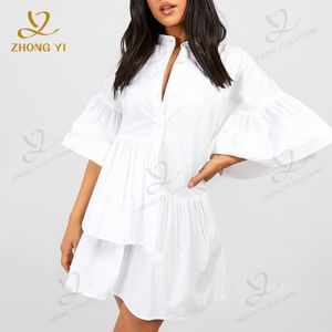 2023 New Women Autumn Clothes Stand Collar Front Irregular Puff Sleeve White Cotton Elegant Ruffle Shirt Dresses