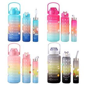 3 Pcs In 1 Set 2L 64oz  Drinking Plastic Sport With Straw And Handgrip BPA Free Gym Fitness Motivational Water Bottles