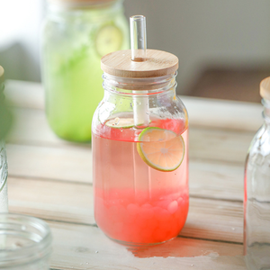 Wholesale 24oz wide mouth mason jar drinking glass with bamboo lid and straw