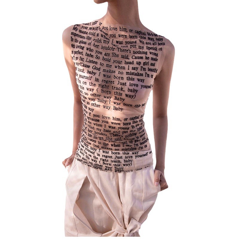 Yiwu Xiaoru Clothing Factory European and American street spicy girl style letter mesh vest, summer sexy sleeveless T-shirt top, women's outdoor wear