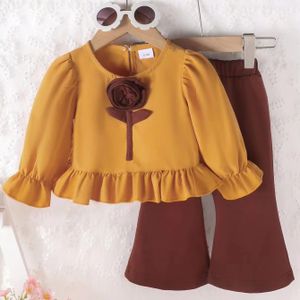 Hot Sale Girls' Summer Elegant 3D Flower Top Ruffle Sleeve Doll Shirt + Bell-bottomed Pants Suit Children's Casual Clothes