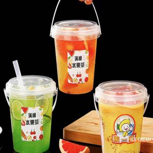 Custom Logo Printed Disposable 32oz Plastic Pp Bubble  Drinking Fruits Container Clear Bucket Cups With Lid