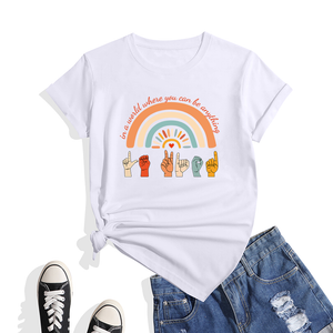 wholesale American t shirt women rainbow love gesture letter print round Neck t-shirt Short Sleeve premium Cotton Casual t shirt