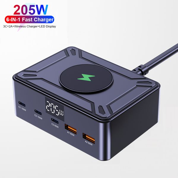 GaN 205W 3C2A PD3.0 100W LED Display Ultra-Fast Wireless Charger for iPhones Mobile Laptop Universal Global Travel Ready Stock