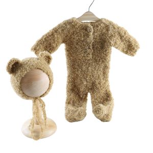 Vintage Fuzzy Knitted Teddy Bear Romper And Bonnet Set Newborn Photograph Prop Baby Knitting Plush Bear Style Outfit Photo Shoot