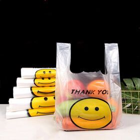 Wholesale T-Shirt Tie Handle Carrier Bag Clear PE LDPE Shopping Bag Customized Smiling Face Plastic Bag