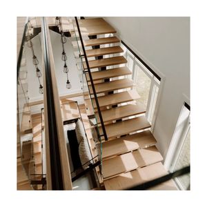 Indoor Wood Stairs Modern Customized Mono Stringer Straight Staircase Design for Glass Railing
