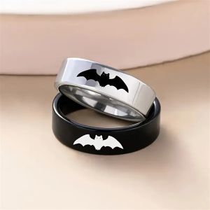 MECYLIFE Couple Black Silver Punk Men Finger Rings Party Jewelry Wholesale Stainless Steel Bat Pattern Gothic Halloween Ring