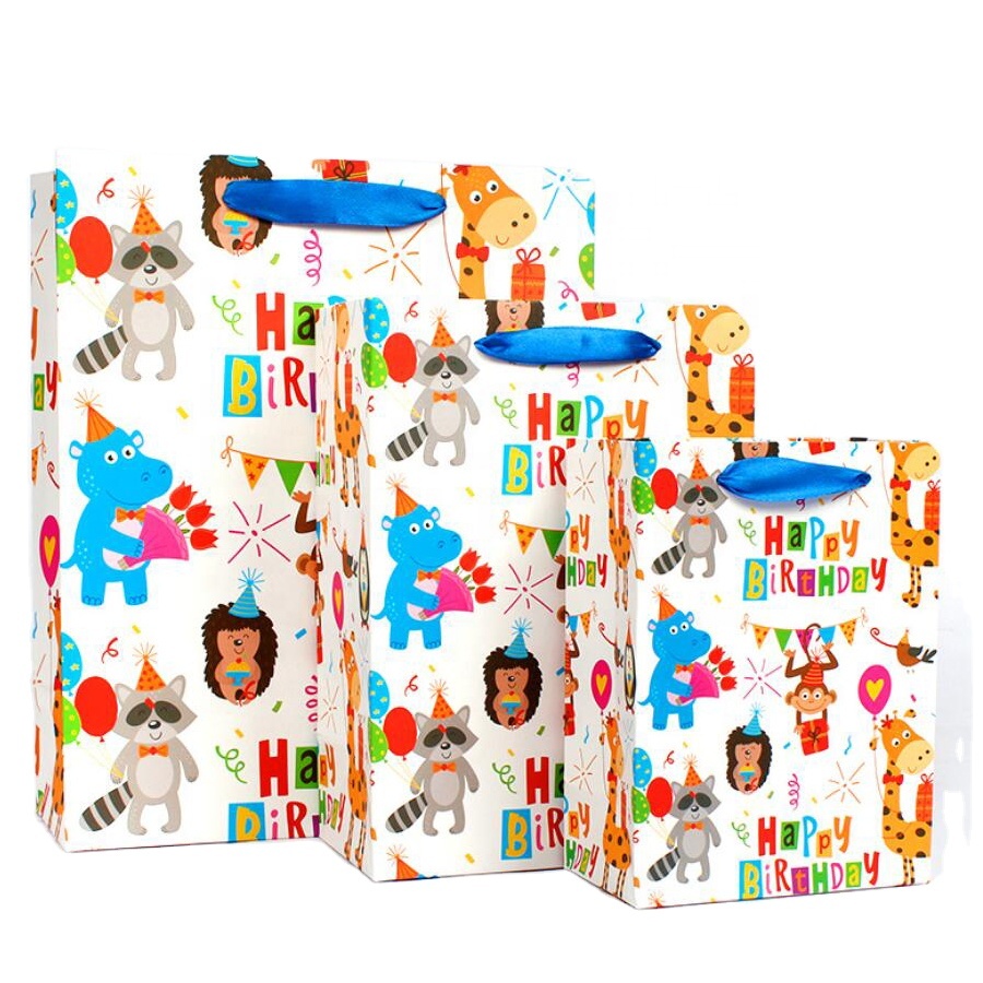 Colorful printed Happy Birthday Gift paper bag Medium paper bag cartoon animal flamingo unicorn dinosaur pattern paper bag