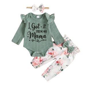 Autumn Cute 3Pcs Jumpsuit Floral Pants Headband Set Newborn Baby Girl Clothes Fly Sleeve Letter Baby Romper Set