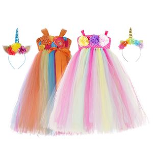 New Design Kids Dress Up Rainbow Fluffy  Flower Part Wear Unicorn Girl Tutu Costume
