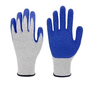 Customized logo 13G speckled grey HPPE anticut liner, blue crinkled latex palm coated gloves, cuff XX cm, cut resistant level C
