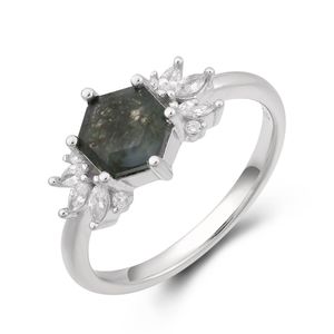 Natural Dainty Ring Green Moss Agate Rings for Women 925 Sterling Silver Gemstone Hexagon Moss Agate Engagement Fine Jewelry