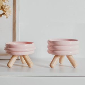 Vietnam Innovative Design Colorful Cute Funny Ceramic Pet Feeder Bowl with High-Feet Wooden Frame for Dogs Feeding