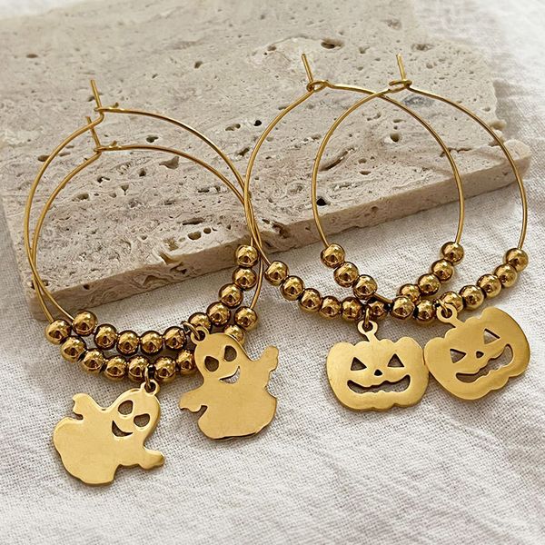 HOVANCI Ready To Ship Cute Halloween Earrings Stainless Steel Jewelry Fashion Big Hoop Bead Skull Earrings