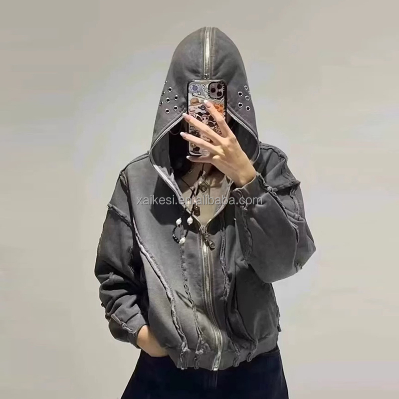 Nanchang Aikesi Trading Co., Ltd. Custom heavyweight cotton fleece sun faded hoodie seaming stripe distressed hoodie vintage acid washed full zip up men hoodies