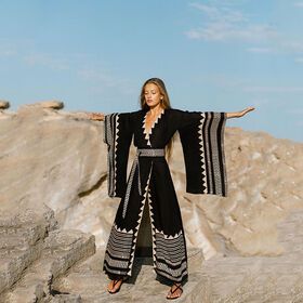 Bohemian Vintage Beach Kimono Big Sleeve Print Black Women's Swimsuit Outing Holiday Slim Sexy Long Cardigan Sashes