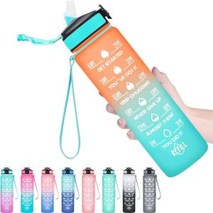32oz  1liter Bpa Free Flip  lid Drink Sport Gym Plastic petg tritan Motivational Water Bottle With Time Marker Straw