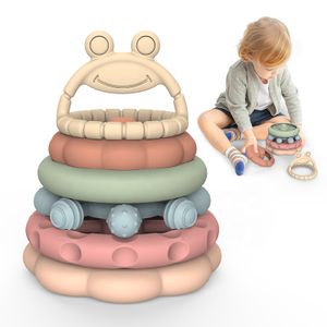 Wholesale Babies Teether Frog Silicone Geometry Stacking Toy Food Grade Children Sensory Educational Toy