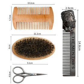 Solid Wood Beard Brush Comb Set Beard Scissors Grooming Kit Men Shaving Brush Set Boar Bristle for Men, Natural Wooden Comb