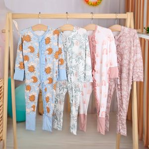 New soft Baby clothing Baby Boys Girls Jumpsuit Bamboo Viscose Spandex Custom Printed Sleepsuit Baby Ruffle Zipper Romper