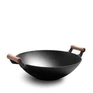 36cm Cookware Stir Frying Round Preseasoned Pan Cast Iron Chinese Wok With Wooden Handles