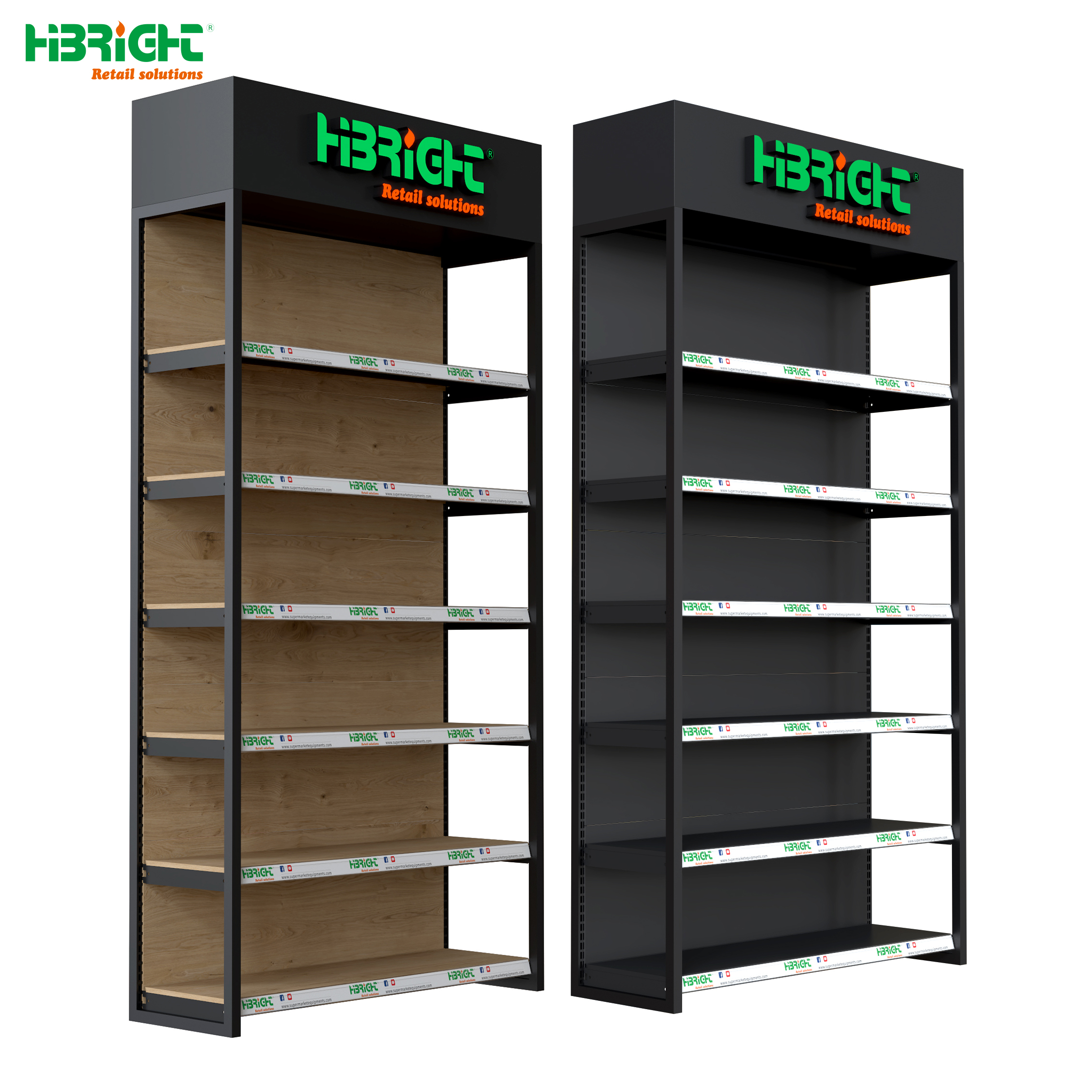 New design Size and Color customized Wood and metal shelf with front upright for grocery
