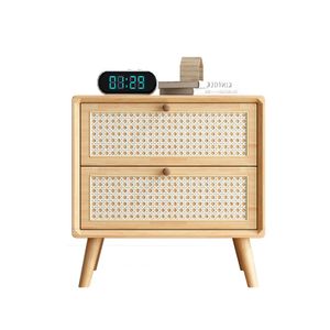 wholesale bedroom furniture rustic farmhouse natural wood bedside table nightstand with rattan drawers