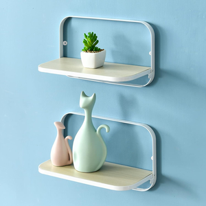 Home storage organizer decorative metal storage holder wall mounted folding hanging rack with wooden shelf