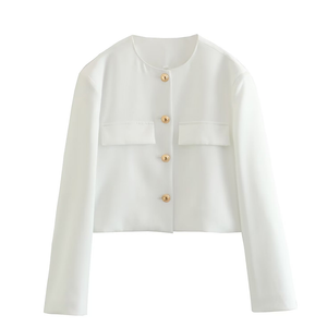 Women 2023 Fashion Gold Buttons White Blazer Vintage Long Sleeve Patch Pocket Ladies Outerwear Stylish Jacket
