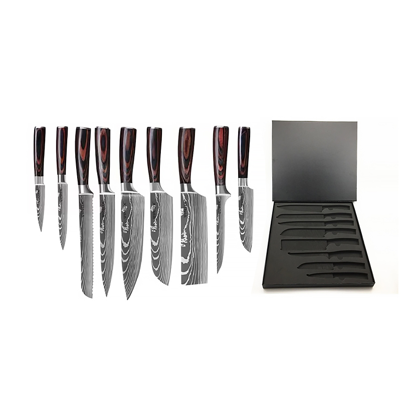 8 pcs handmade knife japanese pakka wood handle damascus steel laster Pattern kitchen chef knife set