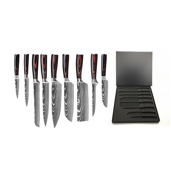 8 pcs handmade knife japanese pakka wood handle damascus steel laster Pattern kitchen chef knife set