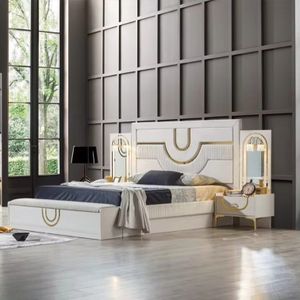 Pinar luxury bedroom set king size bed lighted headboard mirrored dresser Turkish home furniture affordable prices