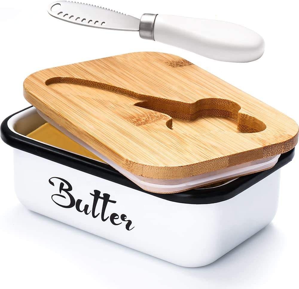 Yangjiang City Yangdong District Gongxin Plastic Products Factory Kitchen Airtight Metal Butter Storage Cheese Food Container with Bamboo Lid & Knife Set