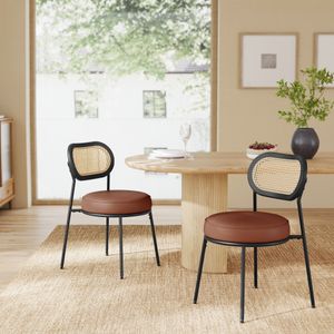 VASAGLE  Rattan Back Kitchen Chairs with Metal Frame and Padded Seat Set of 2 Faux Leather Dining Chairs