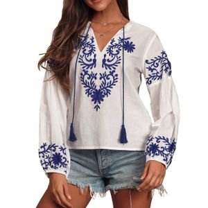 Women's  Long Sleeve Ruffled Embroidered Chiffon Blouses tops