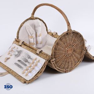 Factory supply round picnic shopping wire storage basket wicker picnic fruit basket manufacturers set for 2
