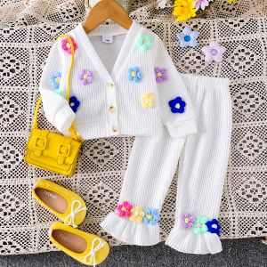 Hot new 2024 Autumn Winter Floral kids sweater Suit Baby Girl New Knitted Jacket Pants Clothes girls Clothing Set