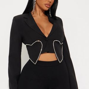 High Quality Women Long Sleeve Custom Design One Button Rhinestone Casual Black Cropped Blazer