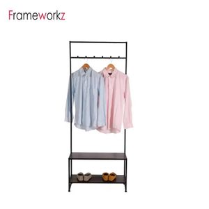 2 Layers Wood Garment Display Rack with Shoe Rack Shelf