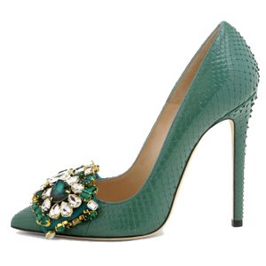 Fashion sexy new diamond decoration green OEM ODM snakeskin leather pointed toe high heel women pumps shoes