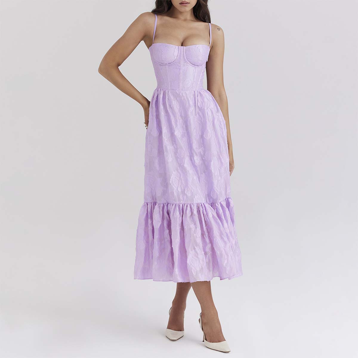 Elegant Orchid Floral Jacquard Tiered Midi Dress Oem A Statement Of Sophistication Women Custom Clothing Factory