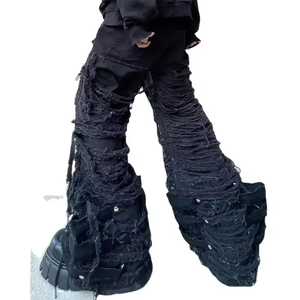 Men's Loose Skinny Jeans Black Denim Pants Print Pattern Bulk Wholesale Damaged Baggy Whiskers Jeans